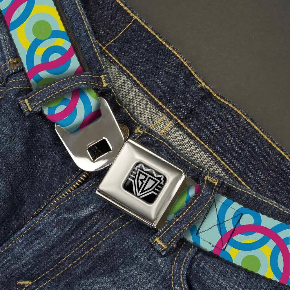 BD Wings Logo CLOSE-UP Full Color Black Silver Seatbelt Belt - Bullseye Stacked Swirl Blues/Green/Yellow/Pink Webbing