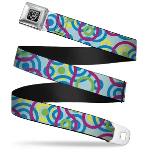 BD Wings Logo CLOSE-UP Full Color Black Silver Seatbelt Belt - Bullseye Stacked Swirl Blues/Green/Yellow/Pink Webbing