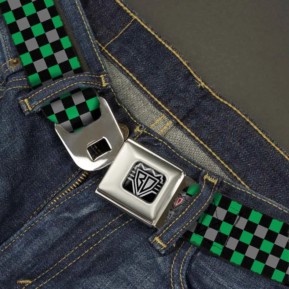 BD Wings Logo CLOSE-UP Full Color Black Silver Seatbelt Belt - Mini Checker Black/Gray/3 Green Webbing