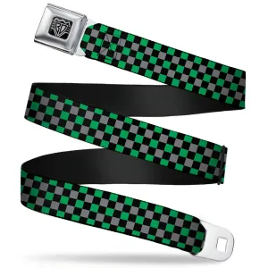 BD Wings Logo CLOSE-UP Full Color Black Silver Seatbelt Belt - Mini Checker Black/Gray/3 Green Webbing