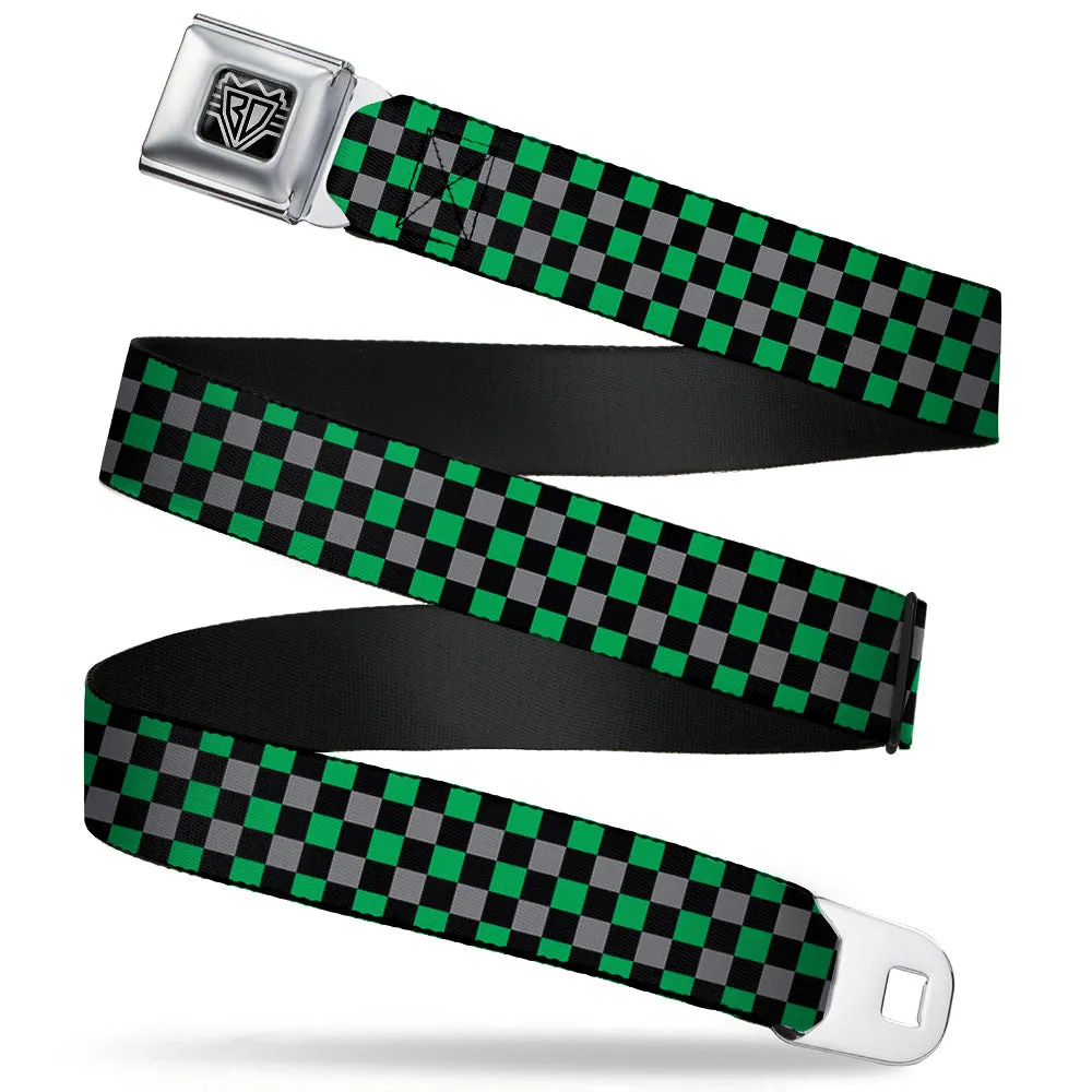 BD Wings Logo CLOSE-UP Full Color Black Silver Seatbelt Belt - Mini Checker Black/Gray/3 Green Webbing
