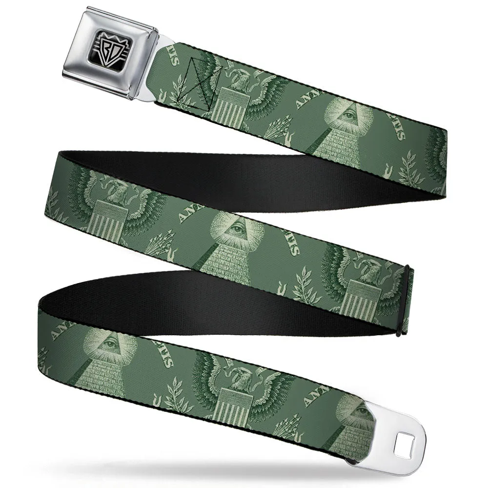 BD Wings Logo CLOSE-UP Full Color Black Silver Seatbelt Belt - One Dollar Bill Pyramid/Bald Eagle Webbing