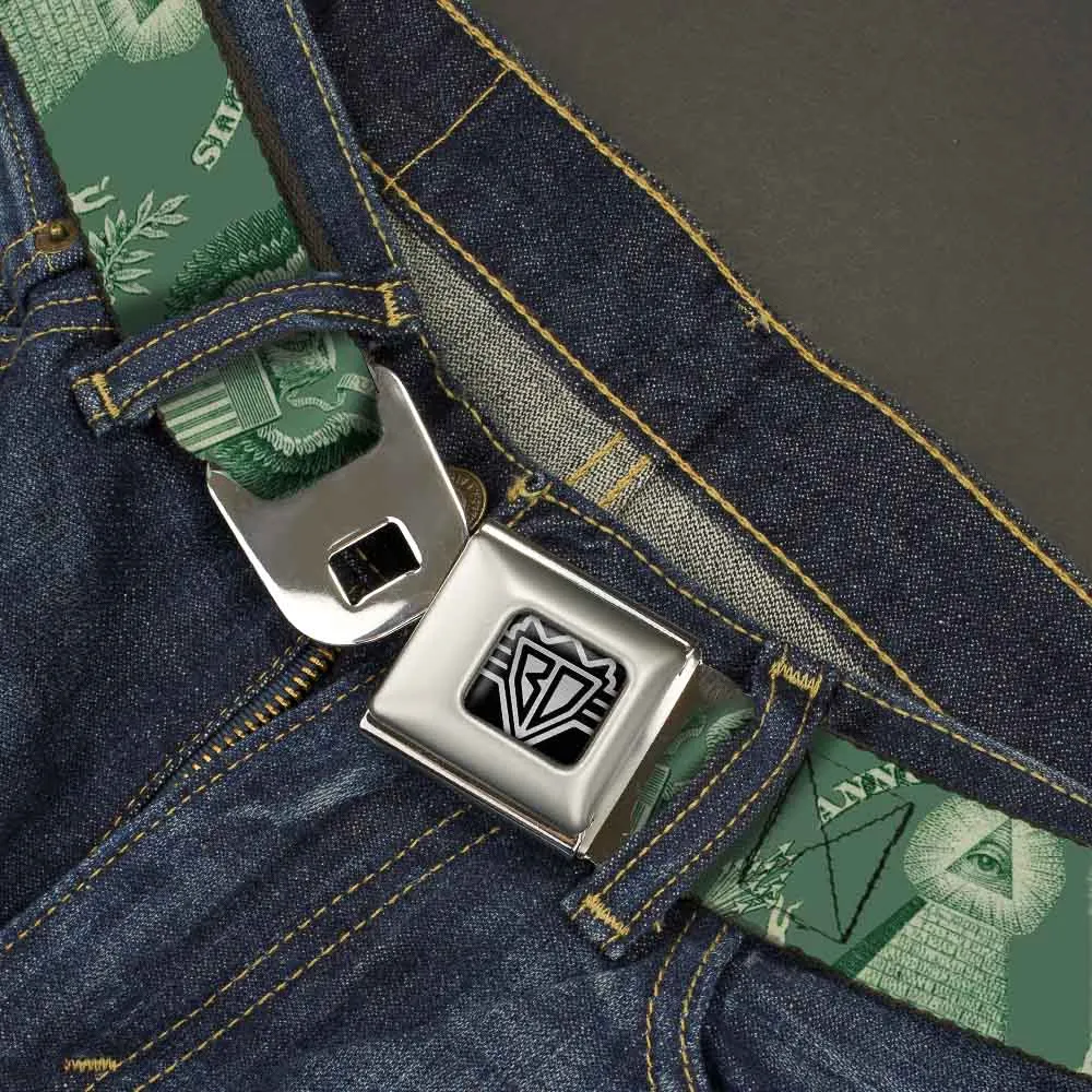BD Wings Logo CLOSE-UP Full Color Black Silver Seatbelt Belt - One Dollar Bill Pyramid/Bald Eagle Webbing