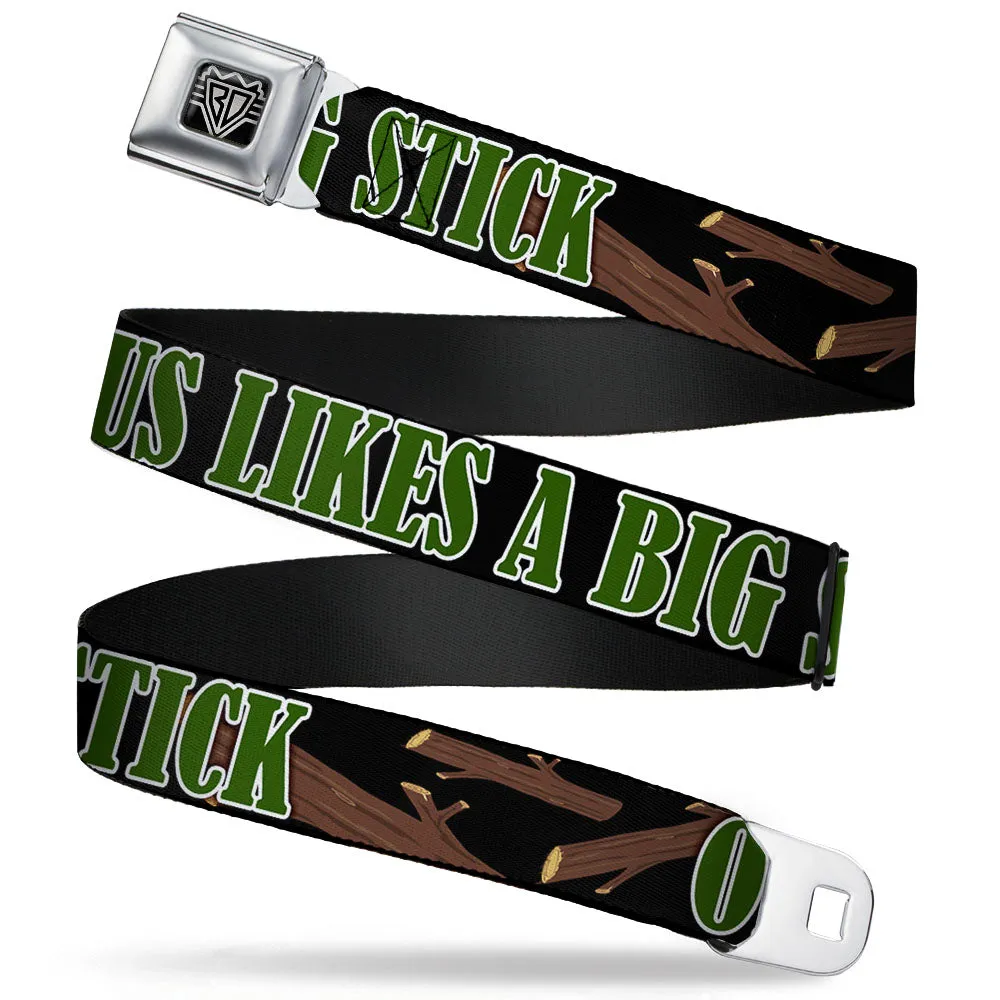 BD Wings Logo CLOSE-UP Full Color Black Silver Seatbelt Belt - ONE OF US LIKES BIG STICKS/Sticks Black/Brown/Green Webbing