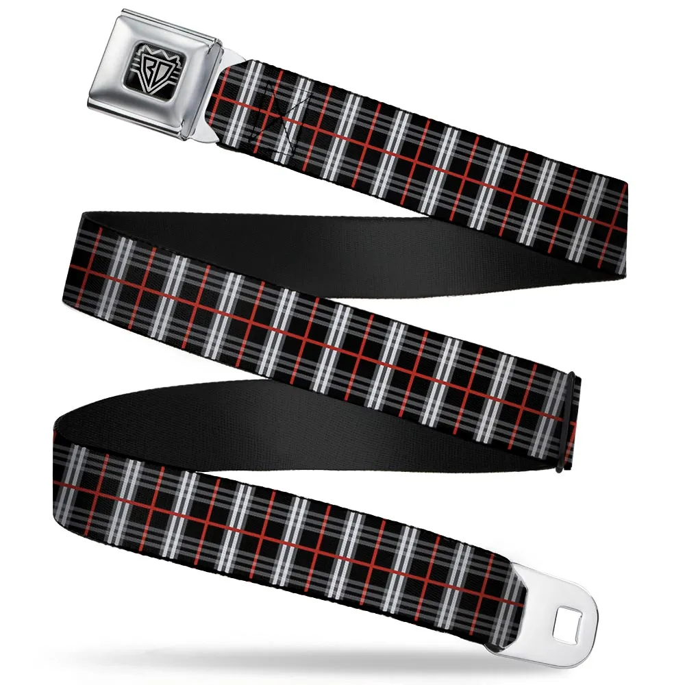 BD Wings Logo CLOSE-UP Full Color Black Silver Seatbelt Belt - Plaid Black/Red Webbing