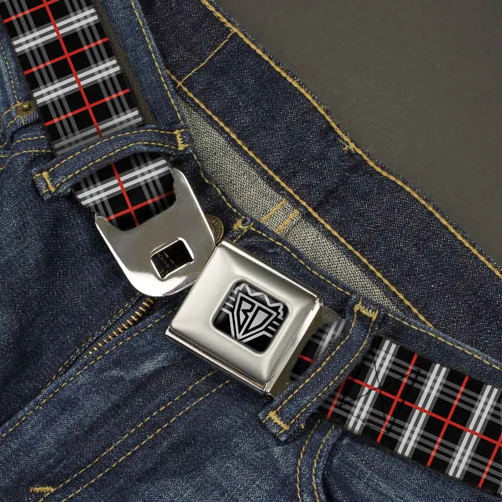 BD Wings Logo CLOSE-UP Full Color Black Silver Seatbelt Belt - Plaid Black/Red Webbing