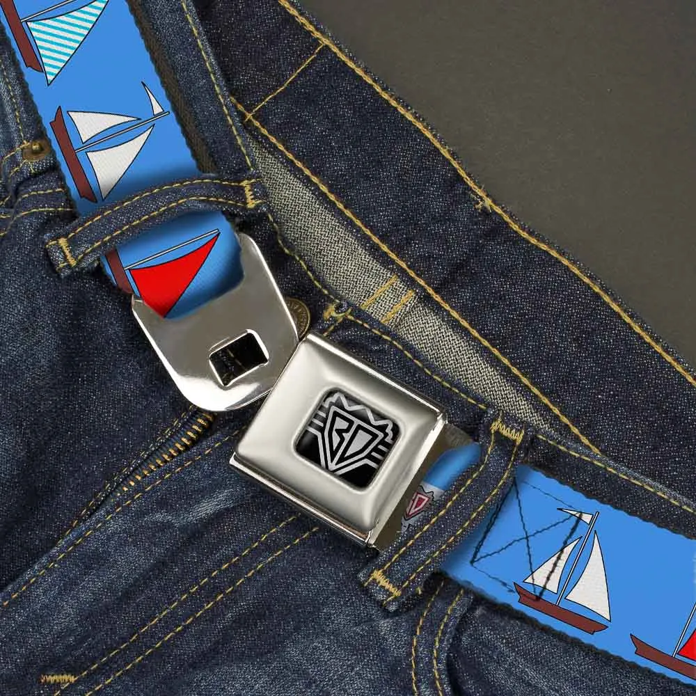 BD Wings Logo CLOSE-UP Full Color Black Silver Seatbelt Belt - Sailboats Blue Webbing