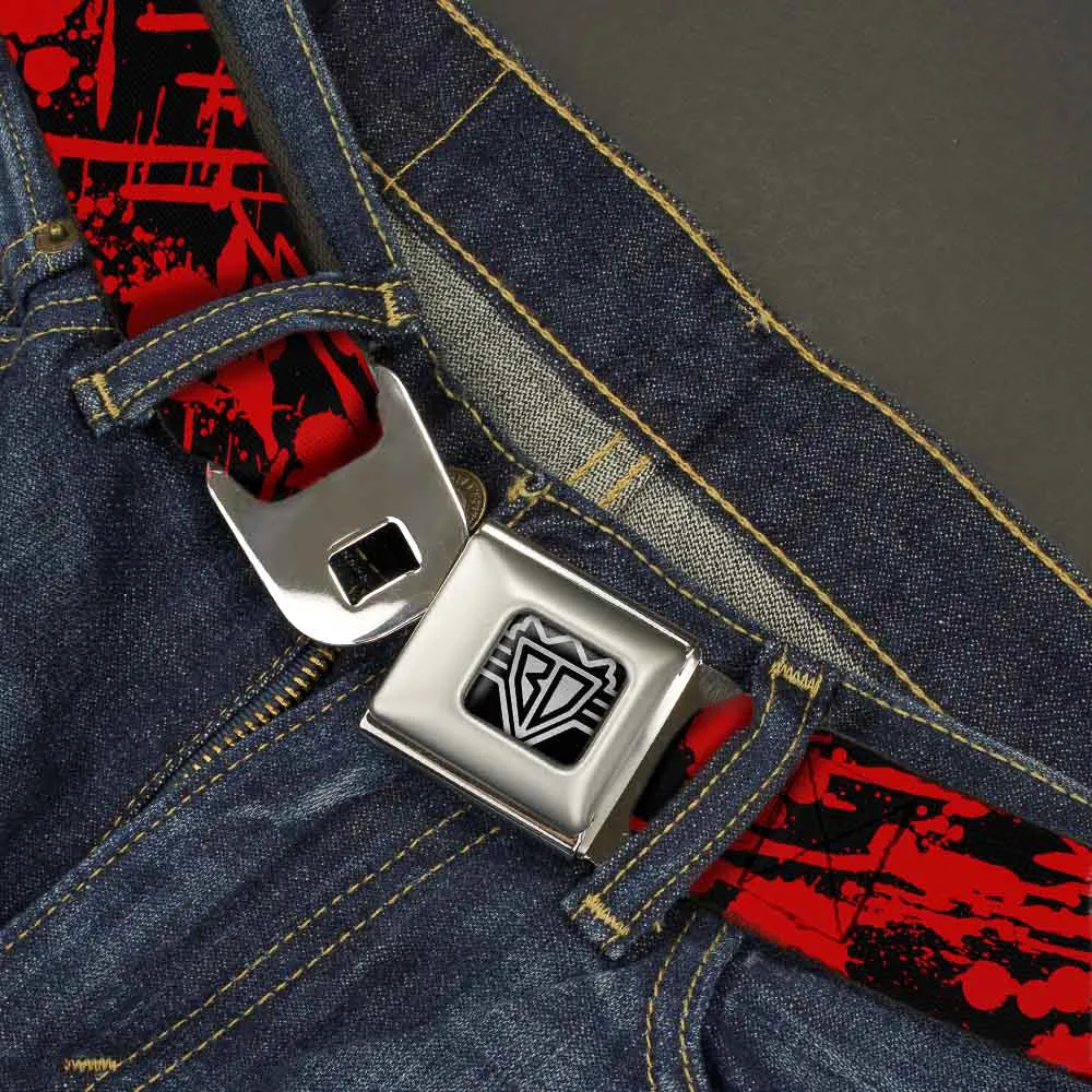 BD Wings Logo CLOSE-UP Full Color Black Silver Seatbelt Belt - Splatter Black/Red Webbing