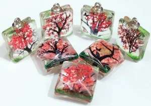 Berry Red Square Tree Design Resin Pendants