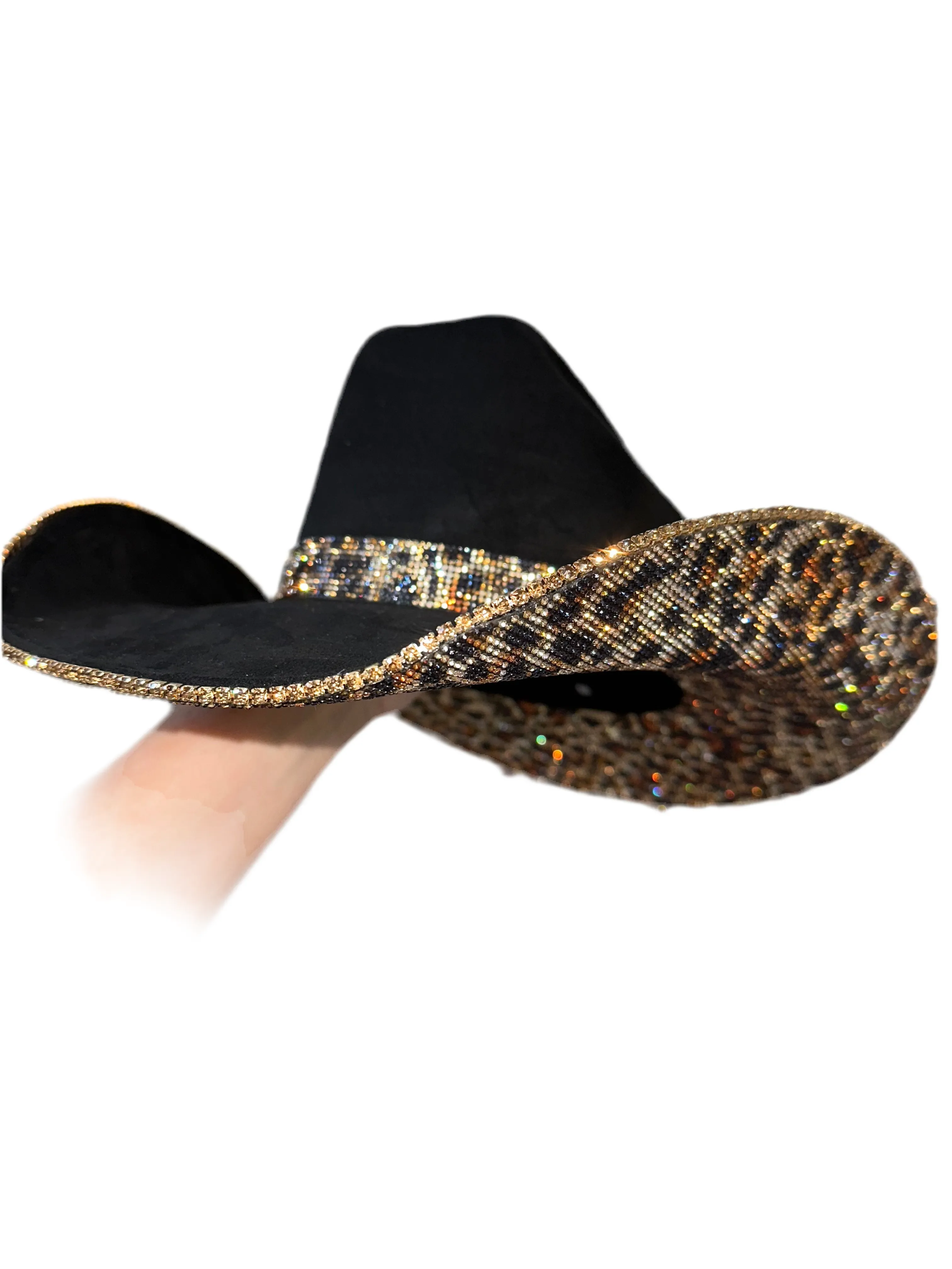 Black Suede Cowgirl Hat with Brown Leopard Rhinestones