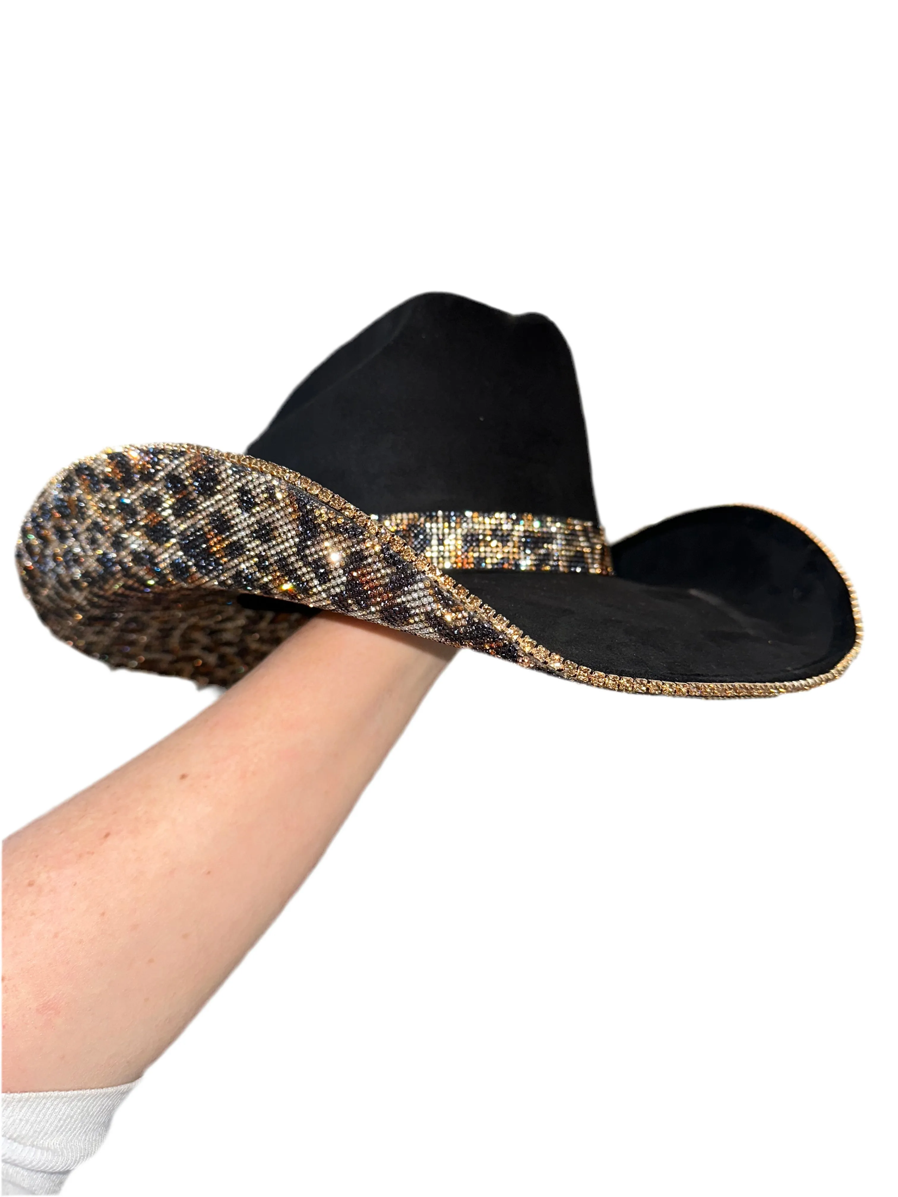 Black Suede Cowgirl Hat with Brown Leopard Rhinestones