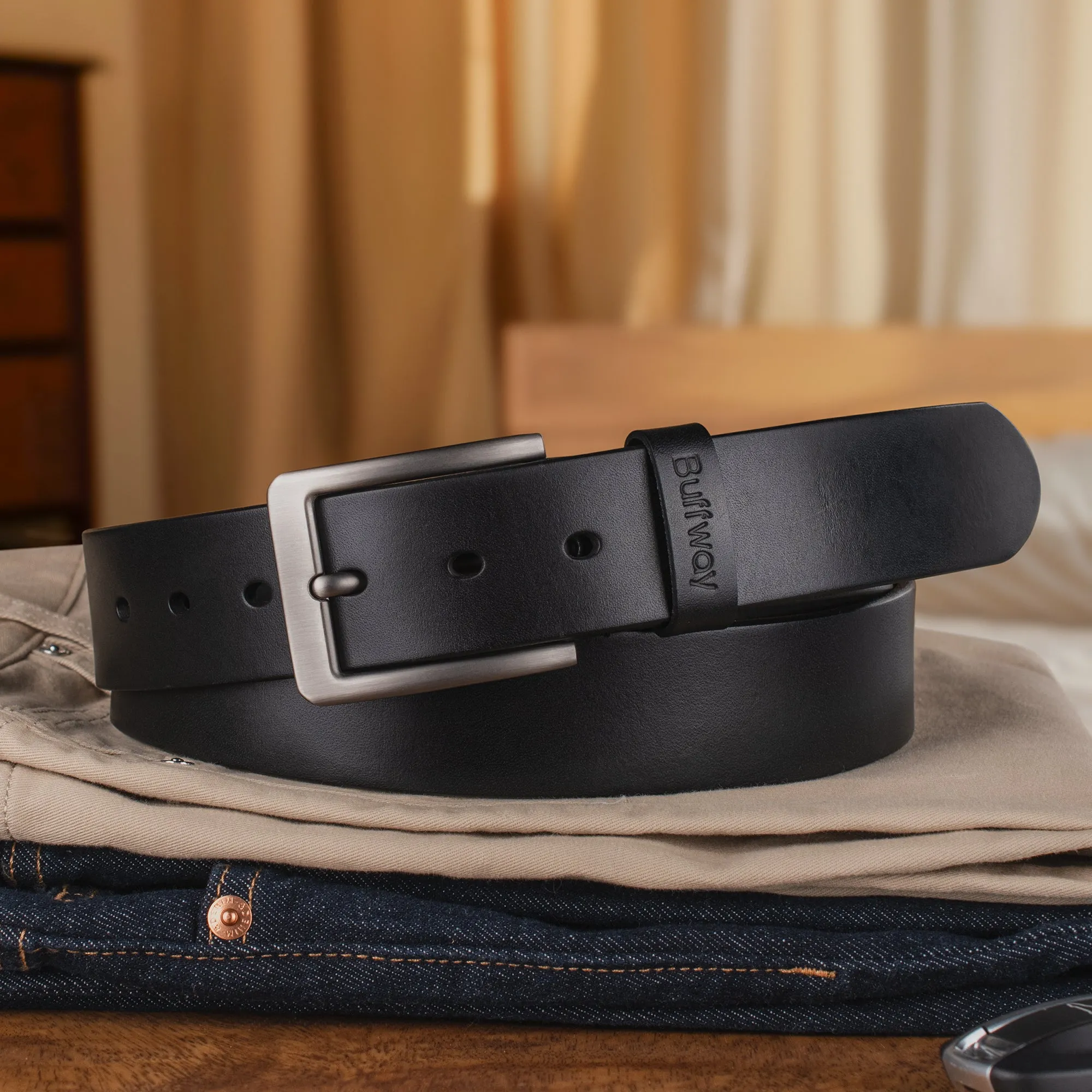 Buffway Leather Belt for Men - Durable Full Grain Men's Belt 1.5", Versatile for Daily Use, with Gift Box
