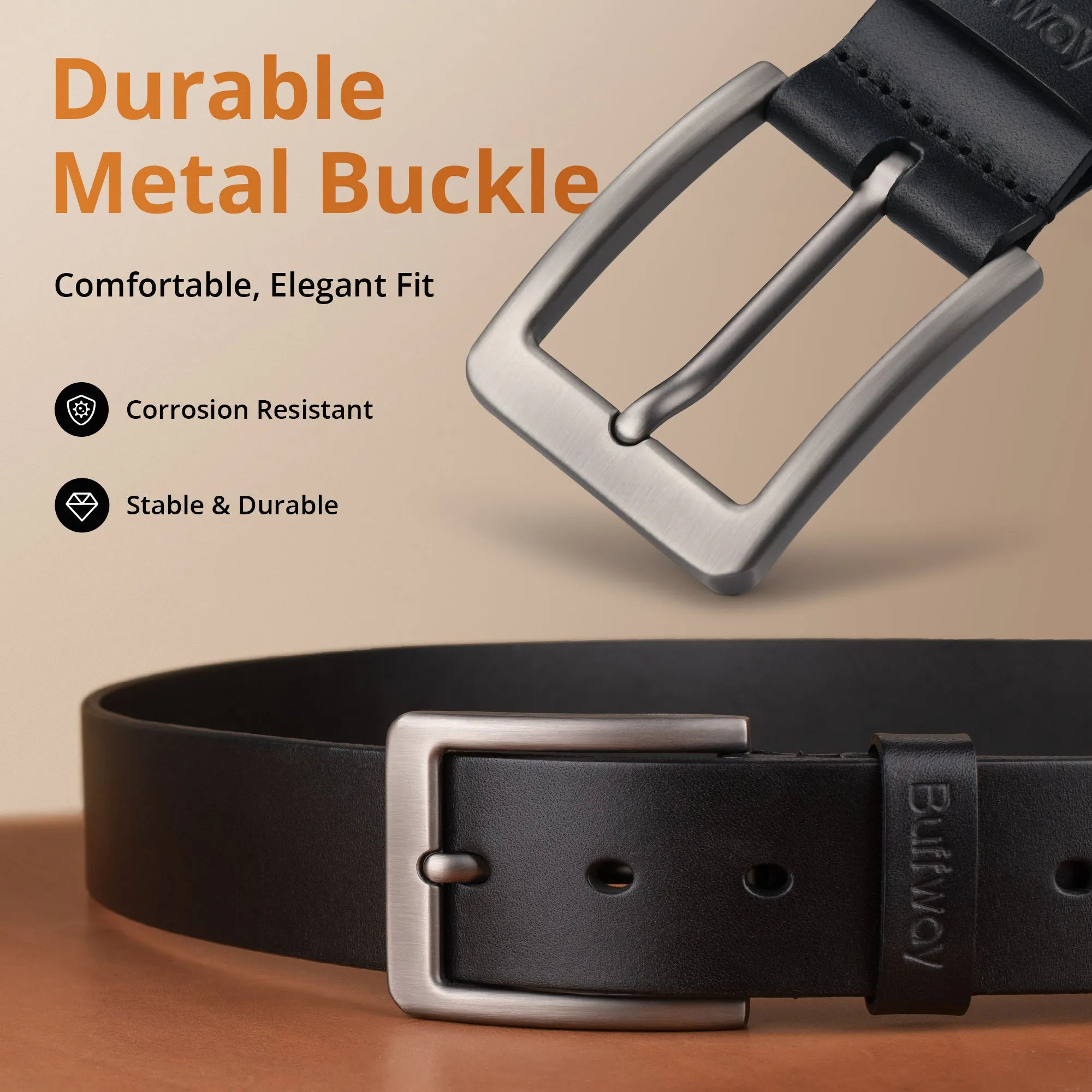 Buffway Leather Belt for Men - Durable Full Grain Men's Belt 1.5", Versatile for Daily Use, with Gift Box