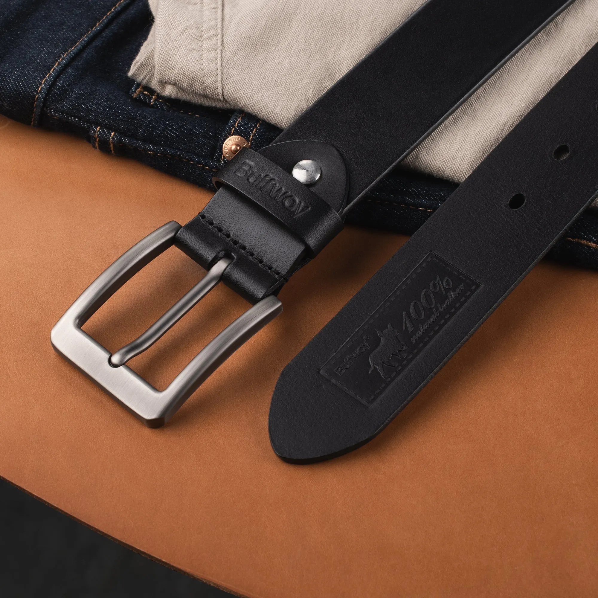 Buffway Leather Belt for Men - Durable Full Grain Men's Belt 1.5", Versatile for Daily Use, with Gift Box
