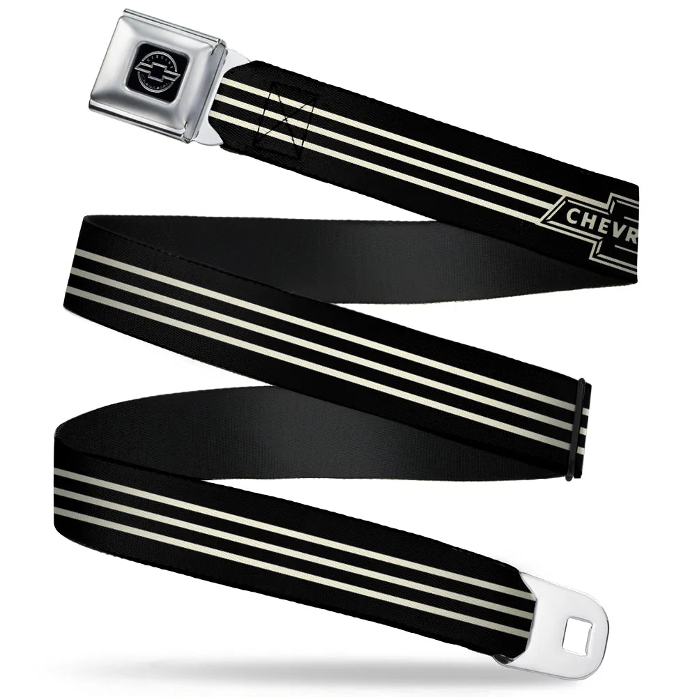 Chevy Seatbelt Belt - Vintage CHEVROLET Bowtie 3-Stripe Black/Ivory (1934 logo) Webbing