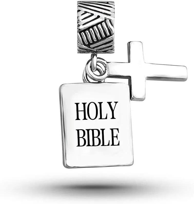 Cross Holy Bible Quote Double Dangle Charm fits Pandora Charms Bracelets for Women Engraved Bible Words Dangle Charm Jewelry