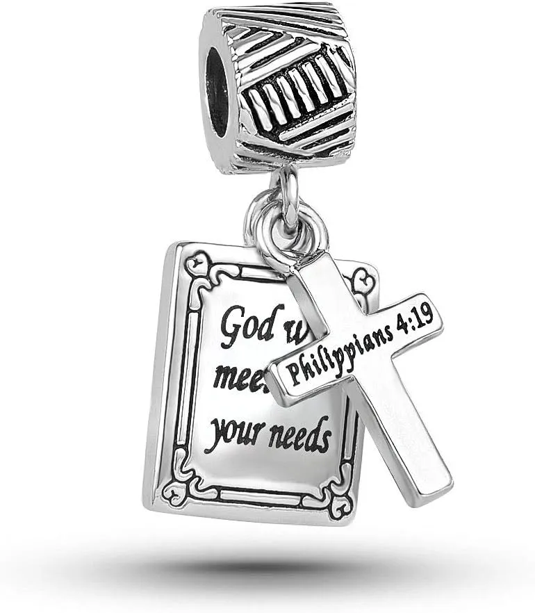Cross Holy Bible Quote Double Dangle Charm fits Pandora Charms Bracelets for Women Engraved Bible Words Dangle Charm Jewelry