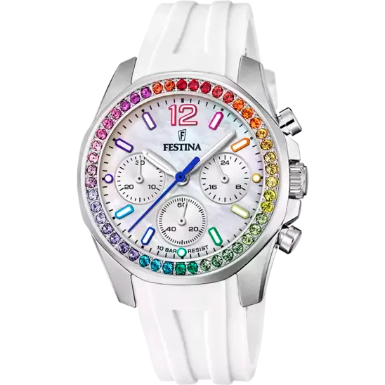 Elegant Festina Women's Rainbow Collection Watch with White Dial and Colorful Rubber Band - Model F20610/2