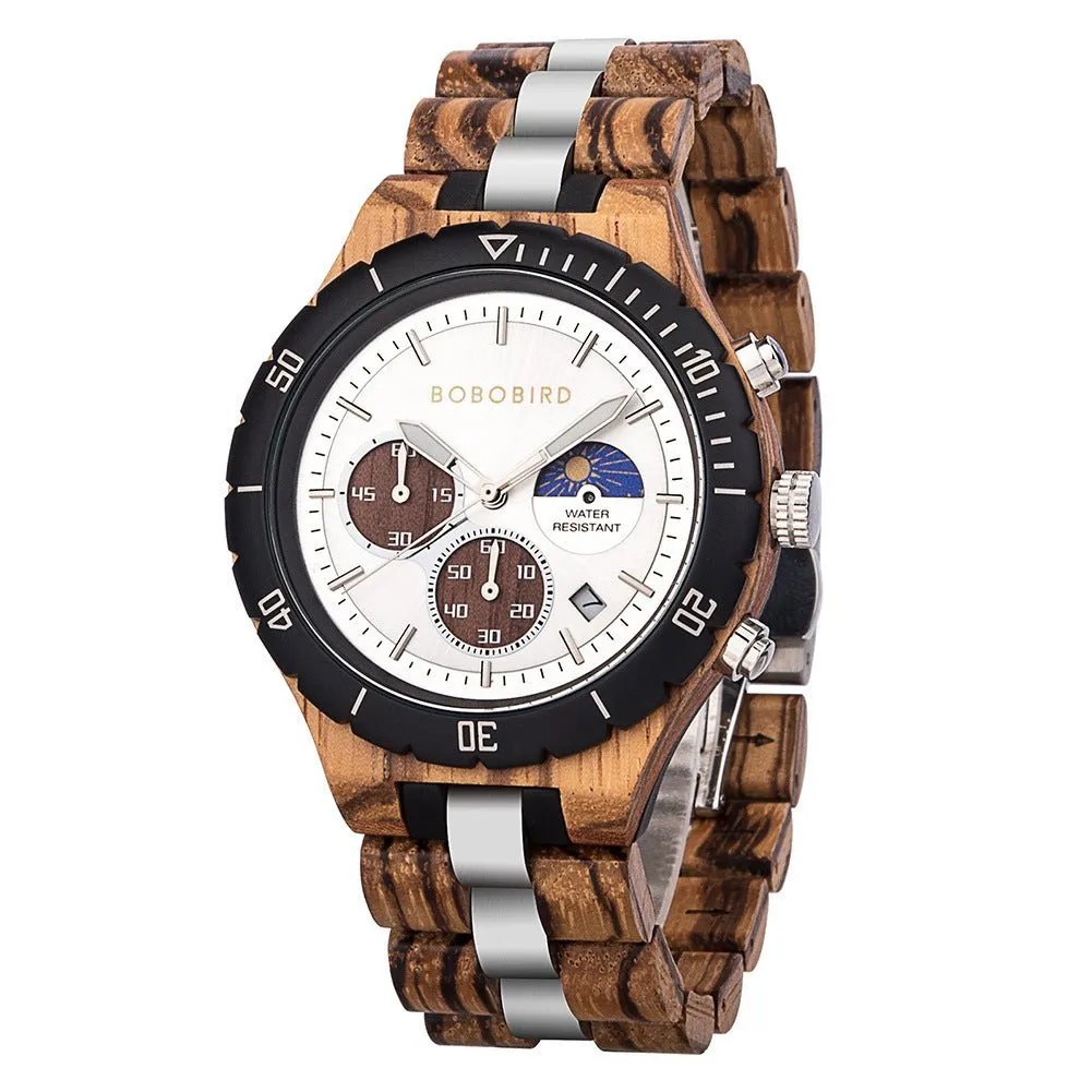 Engraved Multi-Function Quartz Wooden Watch For Men
