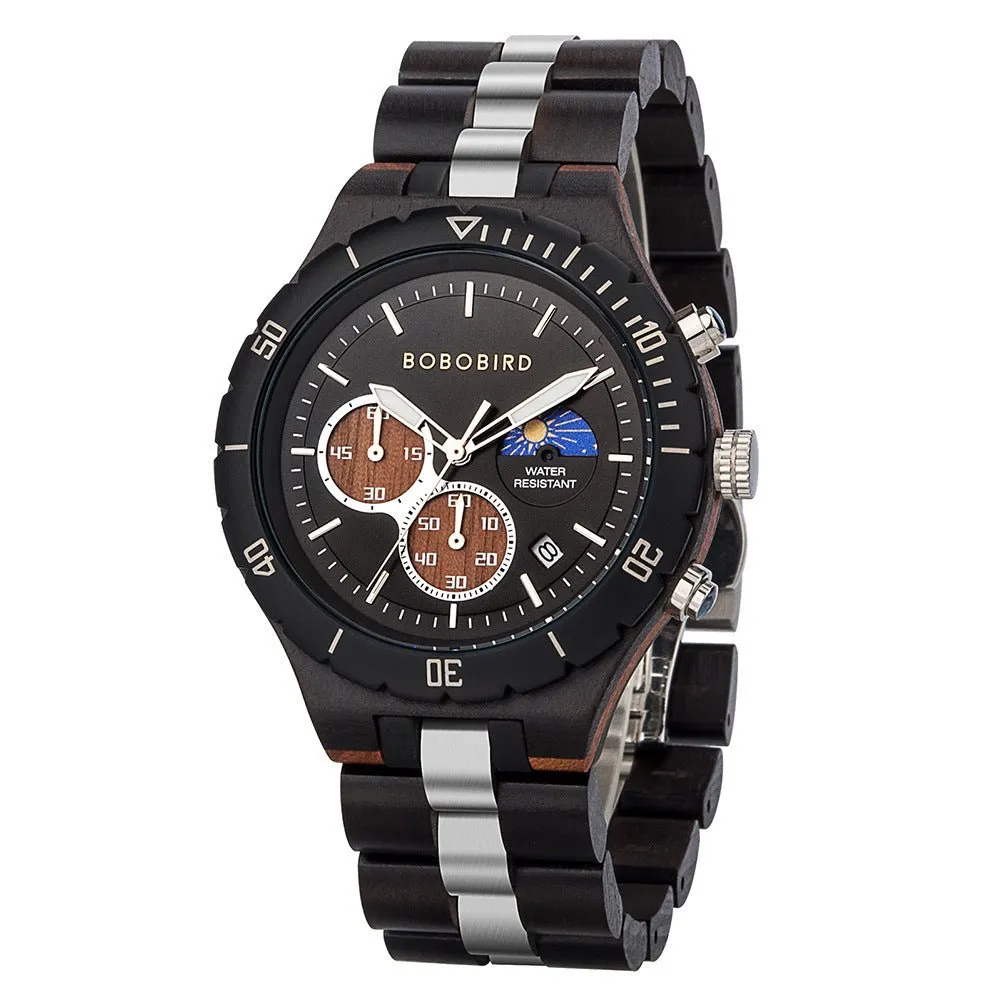 Engraved Multi-Function Quartz Wooden Watch For Men