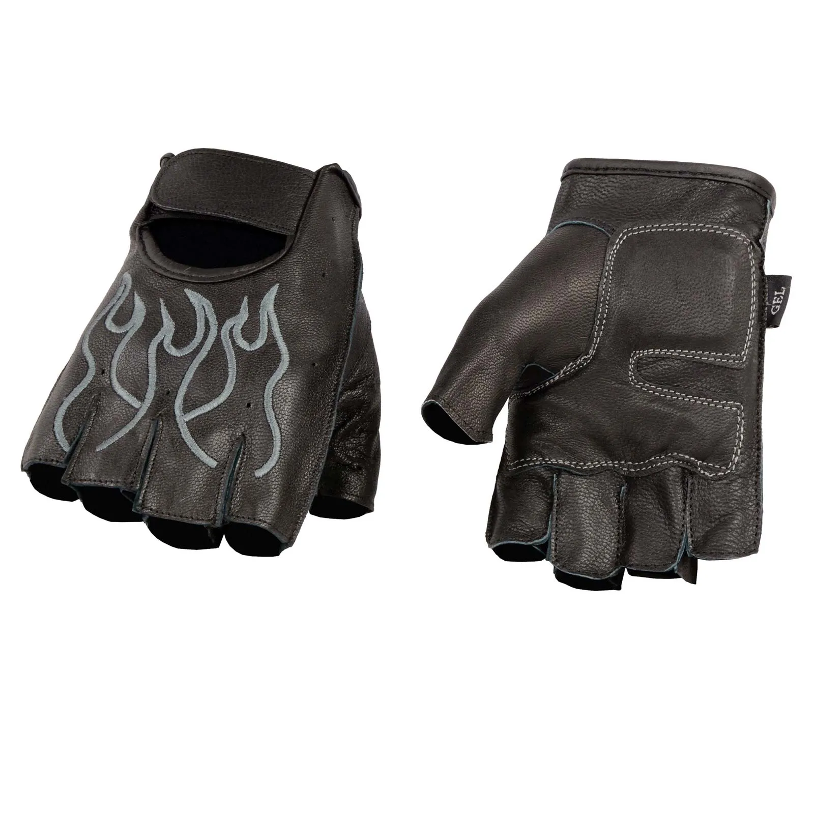Grey Flame SH198 Men's Black Leather Gel Padded Palm Fingerless Motorcycle Hand Gloves W/ Grey Flame Embroidered