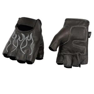 Grey Flame SH198 Men's Black Leather Gel Padded Palm Fingerless Motorcycle Hand Gloves W/ Grey Flame Embroidered