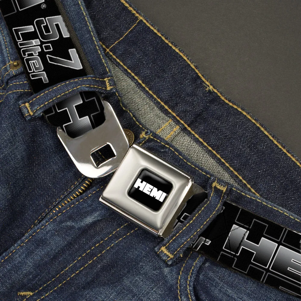 HEMI Bold Full Color Black/White Seatbelt Belt - HEMI 5.7 LITER Black/White/Silver-Fade Webbing