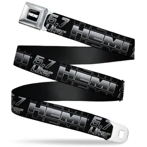HEMI Bold Full Color Black/White Seatbelt Belt - HEMI 5.7 LITER Black/White/Silver-Fade Webbing