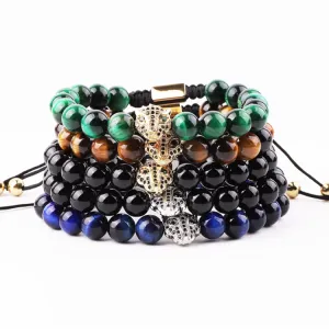 High Quality 8mm Natural Stone Beaded CZ Panther Charm Macrame Bracelet