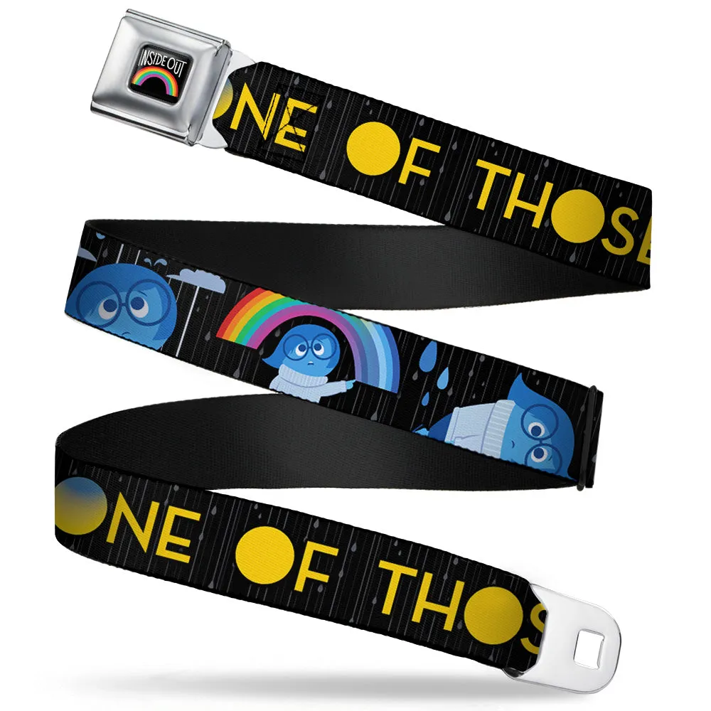 INSIDE OUT Rainbow Full Color Black White Multi Color Seatbelt Belt - Joy Poses/Rain ONE OF THOSE DAYS Black/Gray/Blues/Yellow Webbing