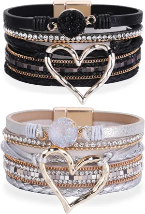 Leather Wrap Bracelets for Women Stackable Bracelets Boho Bracelets for Women Heart Charm Bracelet Western Jewelry Women Gifts for Christmas