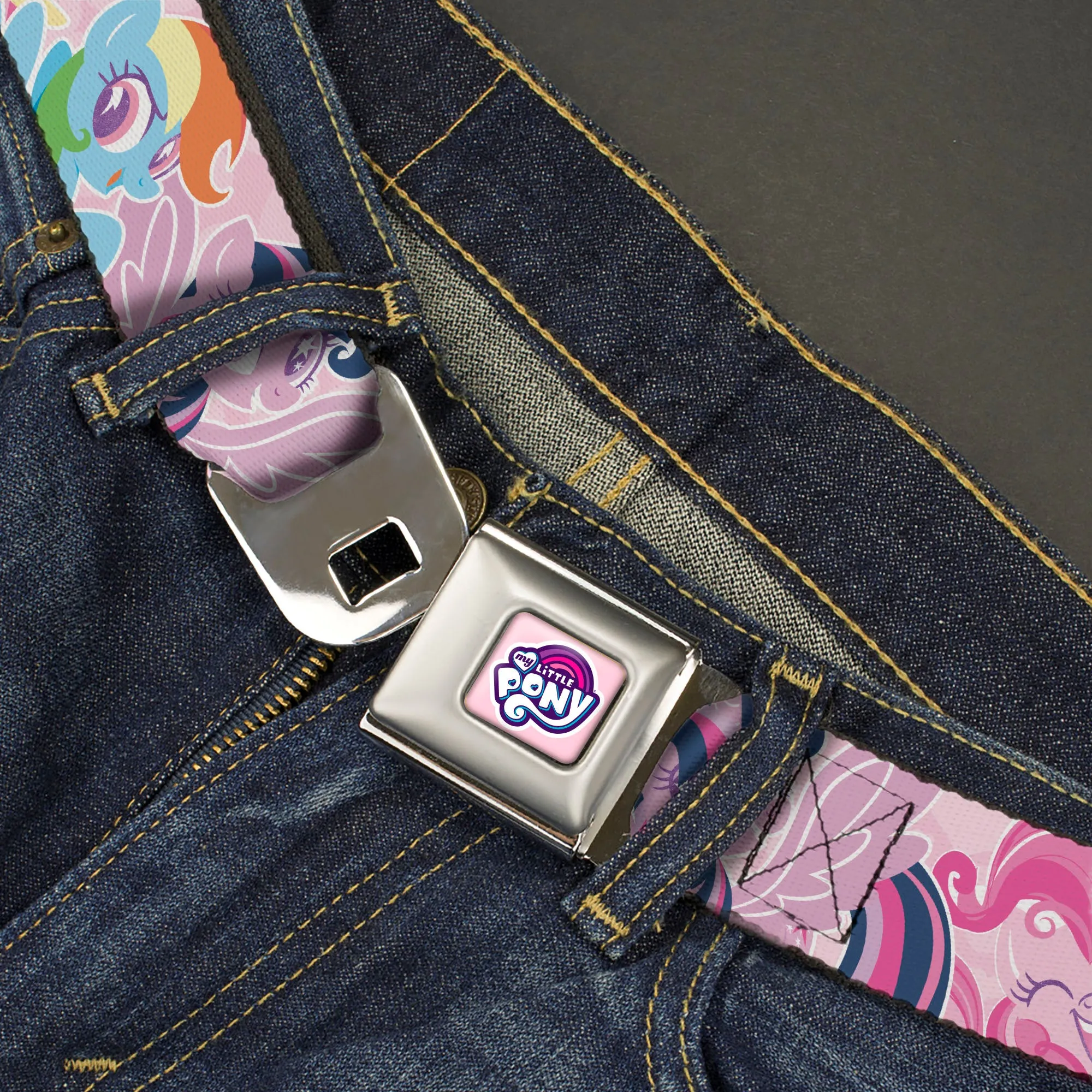 MY LITTLE PONY Title Logo Full Color Pink/White Seatbelt Belt - My Litlle Pony Five Pony Poses Pink Webbing