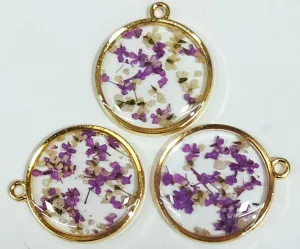 Purple & Golden Spherical Floral Design Resin Pendants with One Hole