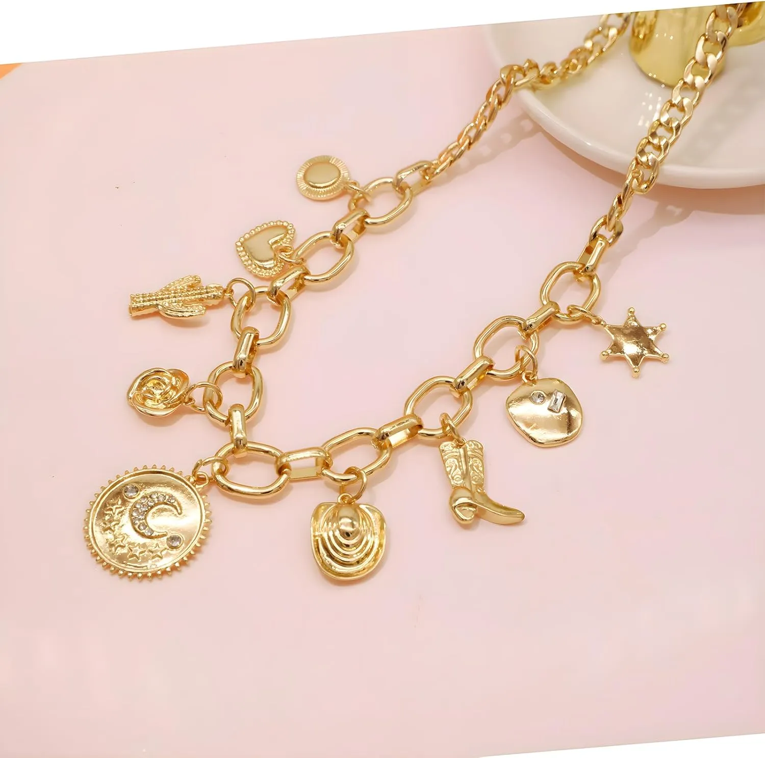 Retro Heart Charm Necklace for Women Chunky Beaded Necklaces Metal Ball Beads Chain Choker Western Vintage Jewelry Gift
