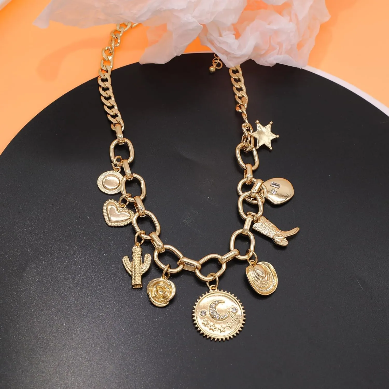 Retro Heart Charm Necklace for Women Chunky Beaded Necklaces Metal Ball Beads Chain Choker Western Vintage Jewelry Gift