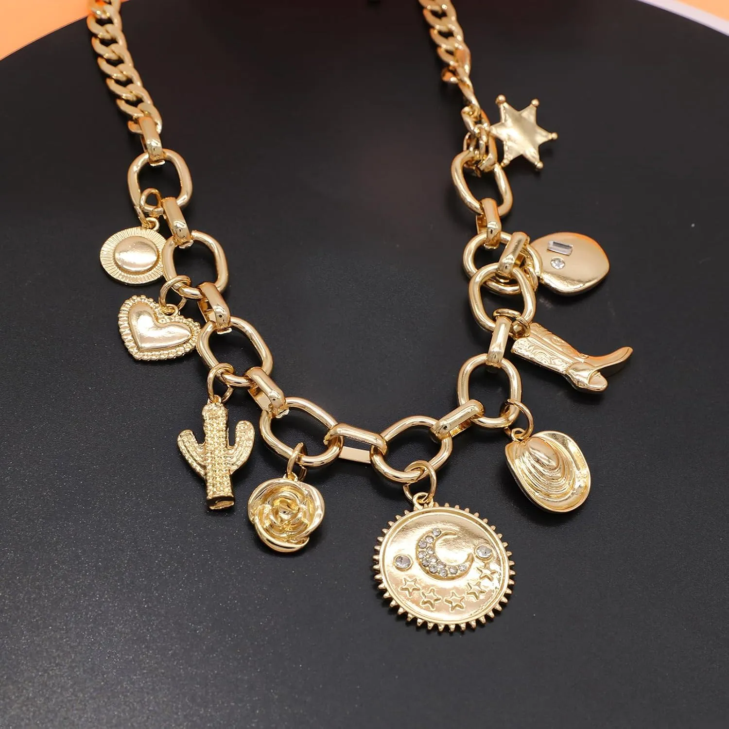 Retro Heart Charm Necklace for Women Chunky Beaded Necklaces Metal Ball Beads Chain Choker Western Vintage Jewelry Gift