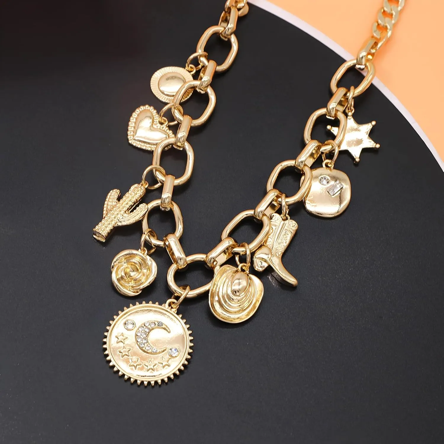 Retro Heart Charm Necklace for Women Chunky Beaded Necklaces Metal Ball Beads Chain Choker Western Vintage Jewelry Gift