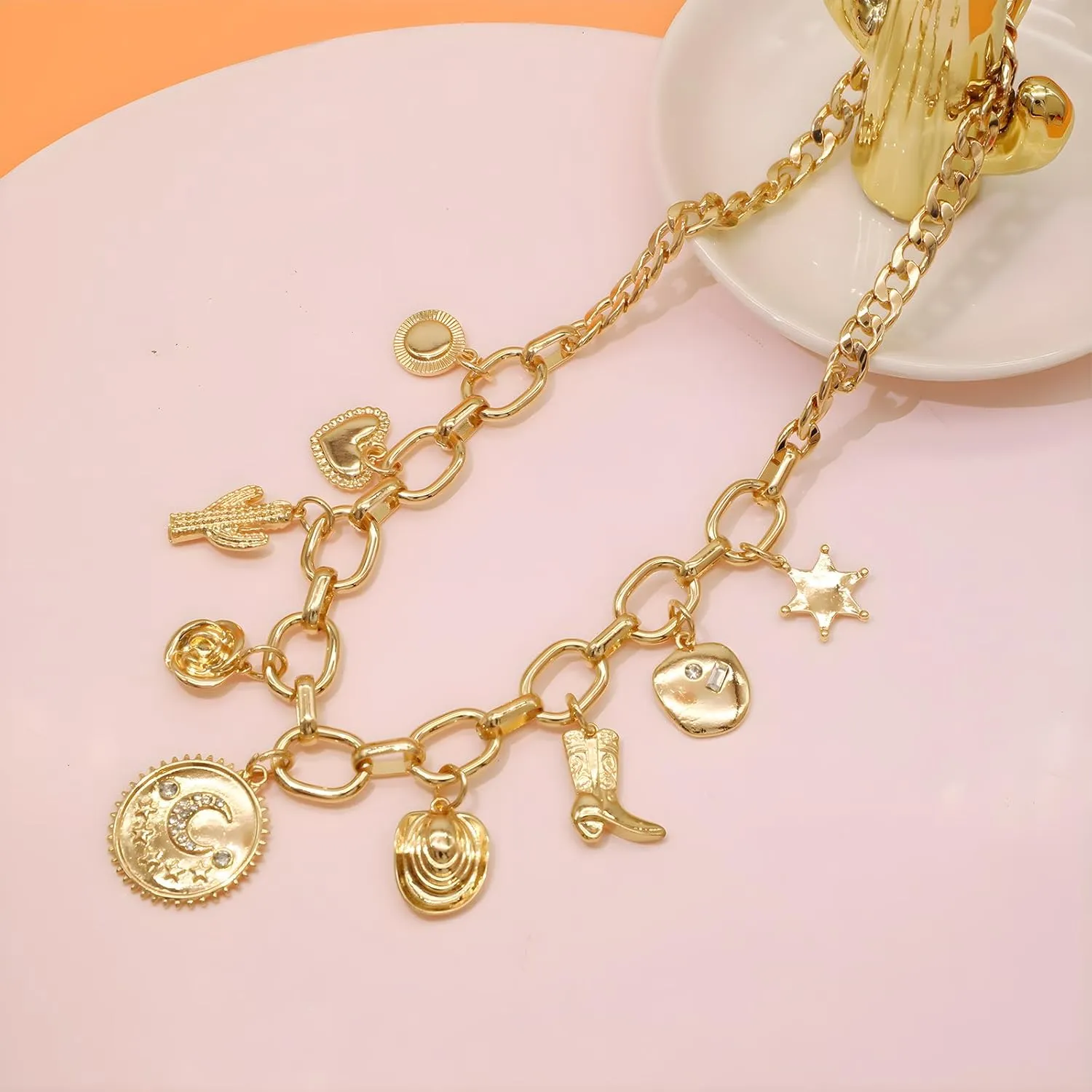 Retro Heart Charm Necklace for Women Chunky Beaded Necklaces Metal Ball Beads Chain Choker Western Vintage Jewelry Gift