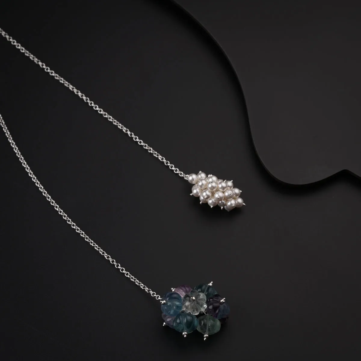 Silver Tie & Wear Necklace with Pearls and Semi Precious Stones