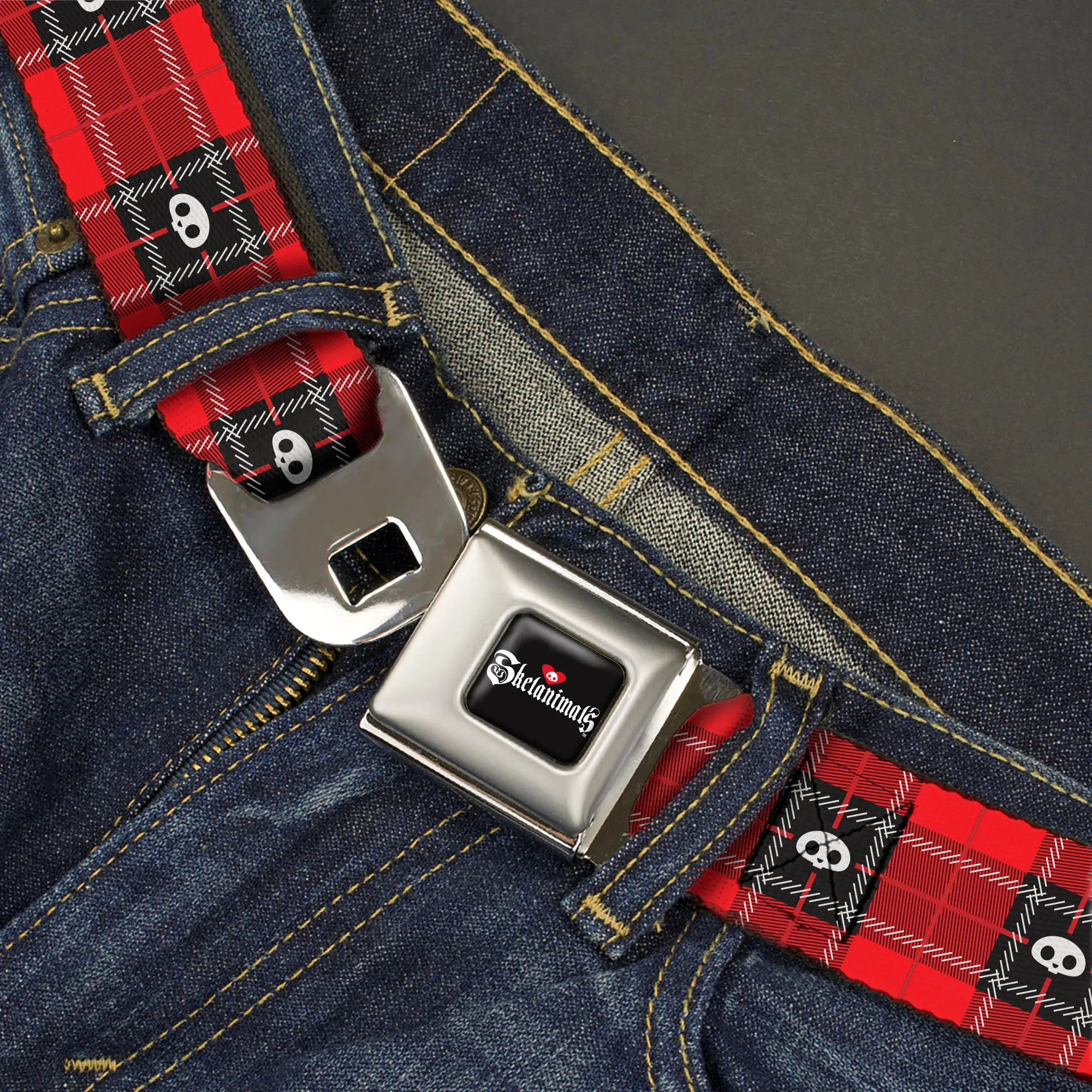 SKELANIMALS Title Logo Full Color Black/White/Red Seatbelt Belt - Skelanimals Face Logo Plaid Red/Black/White Webbing