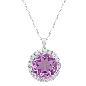 Sterling Silver CZ & Gemstone Amethyst Halo Pendant