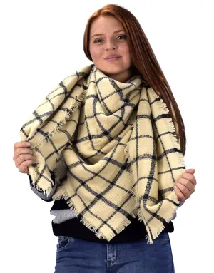 Tan Black Warm Woven Oversized Tartan Plaid Blanket Scarf Shawl