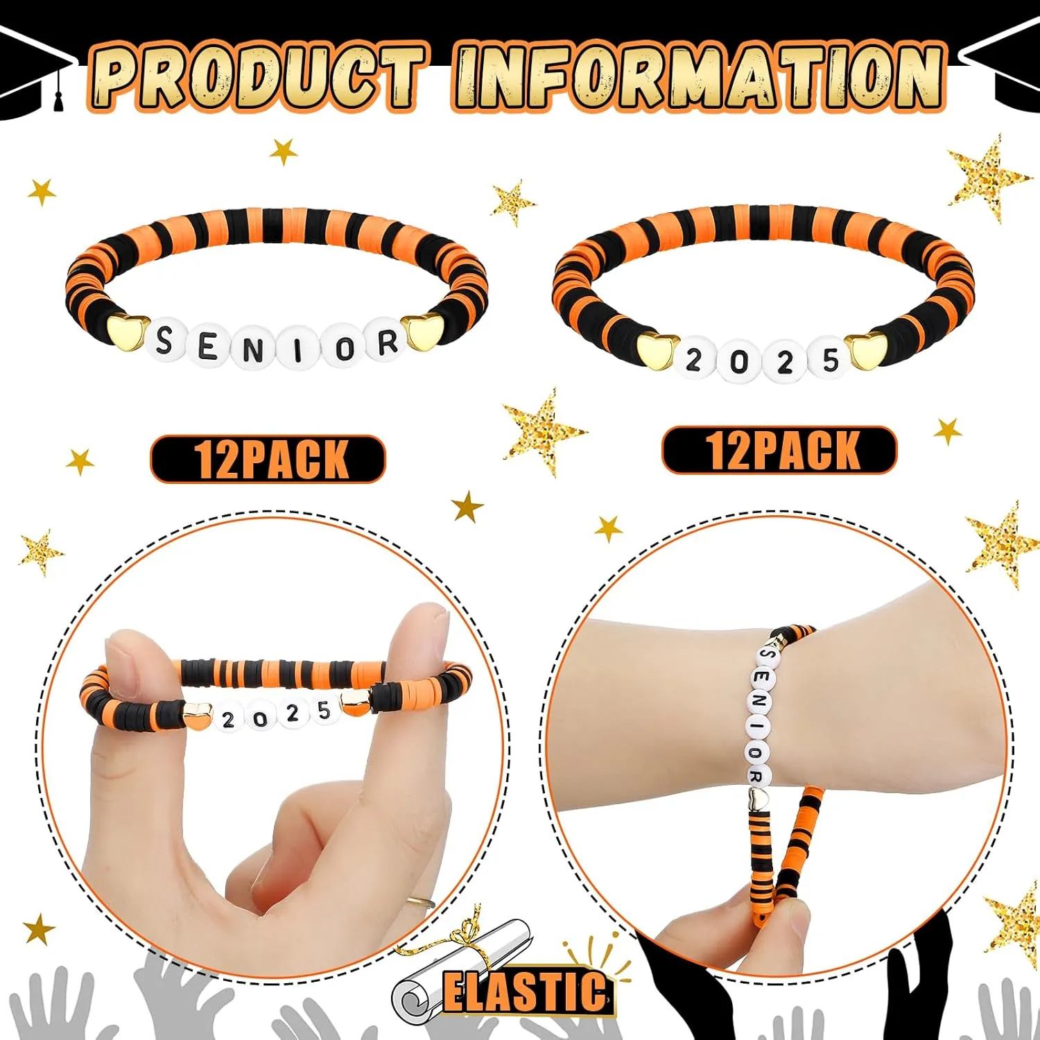 Tondiamo 24 Pcs Senior 2025 Gifts Graduation Bracelets Bulk End of Year Student Gifts from Teacher Class of 2025 Congrats Grad Bracelets for College Party Favors(Orange Black)