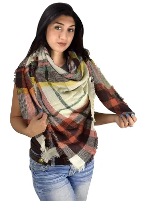 Warm Tartan Plaid Woven Oversized Fringe Scarf Blanket Shawl Wrap Orange Yellow