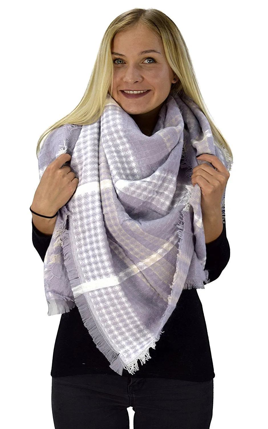 Warm Woven Oversized Tartan Plaid Blanket Scarf Shawl Grey White