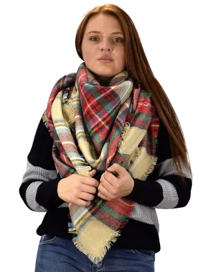Warm Woven Oversized Tartan Plaid Blanket Scarf Shawl Tan Black