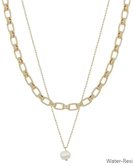 Water Resistant Gold Layered Chain Necklace with Freshwater Pearls