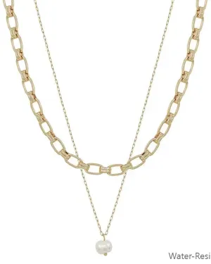 Water Resistant Gold Layered Chain Necklace with Freshwater Pearls